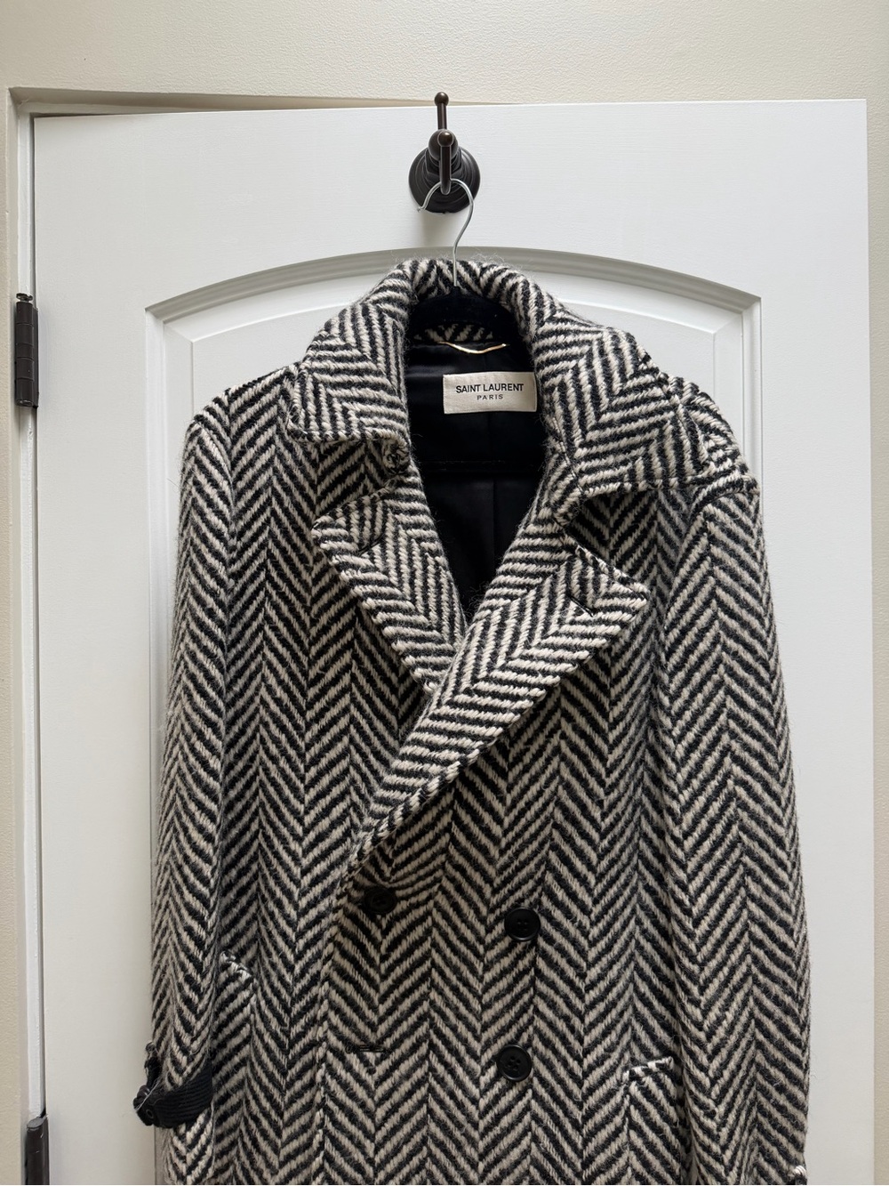 Saint Laurent Black & Ecru Herringbone Wool Belted Coat
